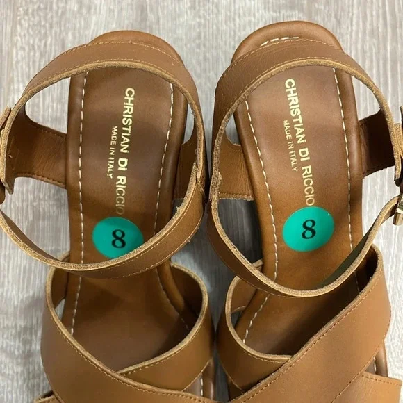 NEW Christian Di Riccio Made In Italy Leather Wedge Platform Sandals Cognac 39 - Picture 5 of 14